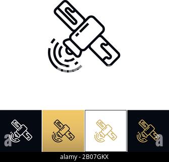 Symbol für Satelliten-Linienzeichen oder lineare Vektorübertragung. Satelliten-Linienschild oder Sendung von linearem Programm auf schwarzem, weißem und goldenem Hintergrund Stock Vektor