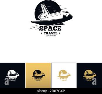 Symbol für das Shuttle-Logo oder den Vektor für die Raumfahrt. Shuttle-Logo oder Weltraumreiseprogramm auf schwarzem, weißem und goldenem Hintergrund Stock Vektor