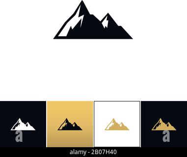 Vektorsymbol "Berge". Bergprogramm auf schwarzem, weißem und goldenem Hintergrund Stock Vektor