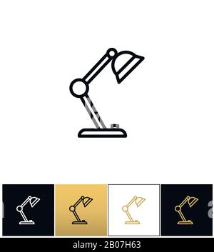Tischleuchtenzeichen oder Vektorsymbole für Tischlampen auf schwarzem, weißem und goldenem Hintergrund Stock Vektor