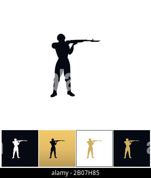 Symbol für Silhouettenvektor des Soldaten der Armee. Silhouetten-Piktogramm des Soldaten der Armee auf schwarzem, weißem und goldenem Hintergrund Stock Vektor