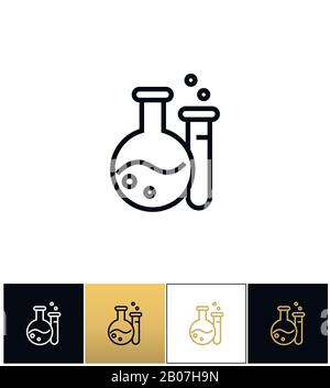 Laborsymbol für Kolben- und Becher-Geräte. Laborpiktogramm mit Kolben und Becherglas auf schwarzem, weißem und goldenem Hintergrund Stock Vektor