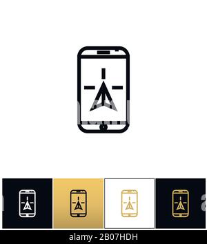 Symbol für GPS-Geolocation auf dem Handy oder unterwegs. Piktogramm "Telefonnavigation" oder "GPS-Geolocation" auf schwarzem, weißem und goldenem Hintergrund für unterwegs Stock Vektor