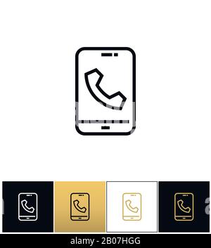 Telefonanruf-Glyphen oder Telefon-Klingelton-Vektorsymbol. Telefonanruf-Glyphen oder Telefonklingel-Piktogramm auf schwarzem, weißem und goldenem Hintergrund Stock Vektor