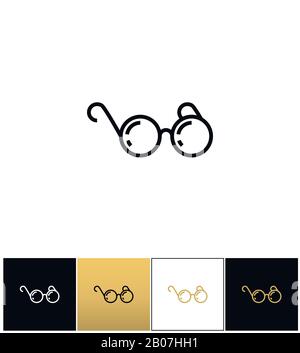 Rundes Brille- oder schwarzes Gläservektor-Symbol. Runde Brillen oder Piktogramm mit schwarzer Brille auf schwarzem, weißem und goldenem Hintergrund Stock Vektor