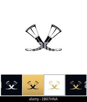 Vektorsymbol für gekreuzte Jagdhörner. Piktogramm mit gekreuzten Jagdhörnern auf schwarzem, weißem und goldenem Hintergrund Stock Vektor