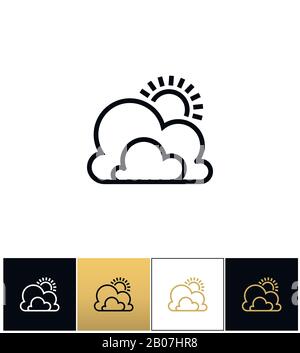 Wettersymbol oder Sonne und Wolken umreißen das Vektorsymbol. Wettersymbol oder Sonne und Wolken umranden Piktogramm auf schwarzem, weißem und goldenem Hintergrund Stock Vektor