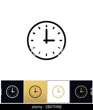 Uhrzeichen oder einfache Zeitvektor-Symbole auf schwarzen, weißen und goldenen Hintergründen Stock Vektor