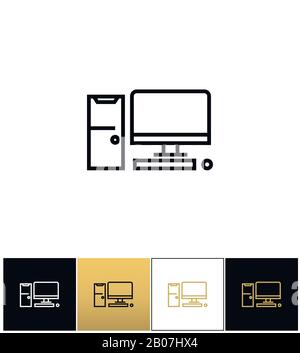 Computerdesktopzeichen oder PC-Vektorsymbole auf schwarzen, weißen und goldenen Hintergründen Stock Vektor