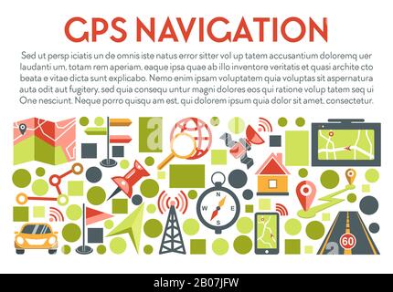 GPS-Navigationsbanner mit Navigator-Anwendungssymbolen und Text Stock Vektor