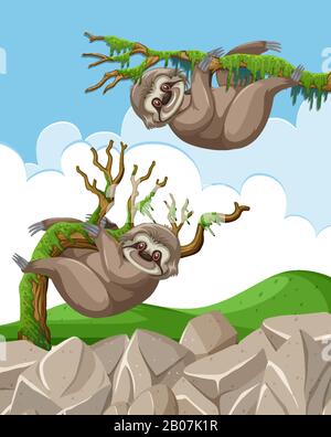 Szene mit zwei an den Zweigen hängenden Slothes Illustration Stock Vektor