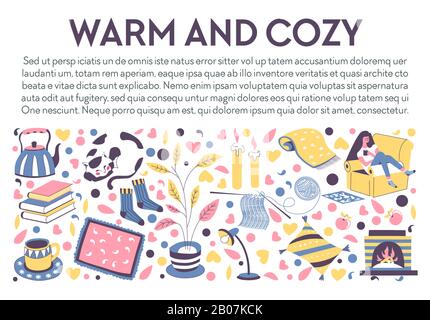 Warmes und gemütliches Banner mit Ikonen für einen entspannten Herbstabend Stock Vektor