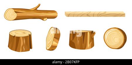 Holz isolierte Ikonen, Waldmaterialien oder Holz, Stumpf und Holzholz Stock Vektor