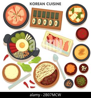 Koreanische Küche, eine Auswahl an Gerichten mit Gemüse und Meeresfrüchten Stock Vektor