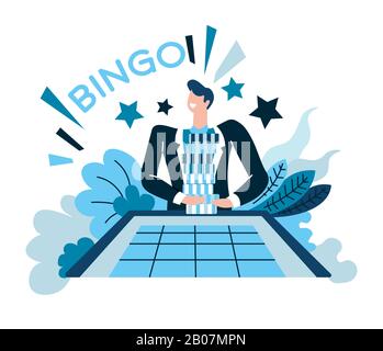 Bingo und gewinnen, Casino und Glücksspiel, Gewinner am Spieltisch Stock Vektor