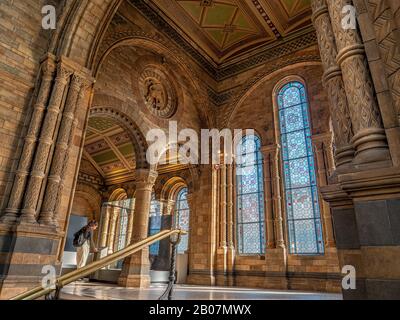 London, Großbritannien. Etwa Dezember 2019. Touristen, die eine Ausstellung im Natural History Museum of London genießen. Detail der Buntfenster und des Bogens Stockfoto