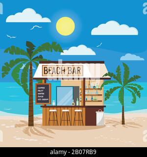 Tropische Panorama-Seescape mit Meer, Sonne, Strandbar aus Holz, Palmen, Stuhl, Trashcan. Stock Vektor