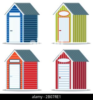 Set aus verschiedenen einfachen mehrfarbigen Strandhütten aus Holz oder pvc-Kunststoff mit leerem Schildersymbol. Stock Vektor