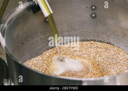 Der Prozess der Herstellung von hausgemachtem Bier. In einer Edelstahlpfanne, in der gemahlene Malze liegt, wird Wasser gesägt. Brauen Stockfoto