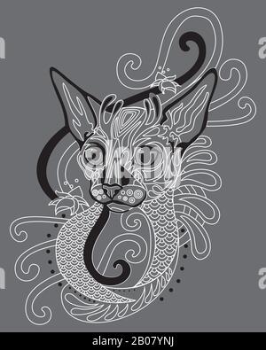 Monochromes abstraktes Doodle-Zierporträt der Cornish Rex-Katze. Dekorative Vektorgrafiken in weißen und schwarzen Farben isoliert auf grauem Backgroun Stock Vektor
