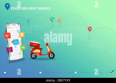 Konzept des Lebensmittelzustelldienstes, Lebensmittelbox auf dem Roller in der Nähe des Telefons, die Karte und GPS im Hintergrund der Karte und der Route der Lieferungen enthält Stock Vektor