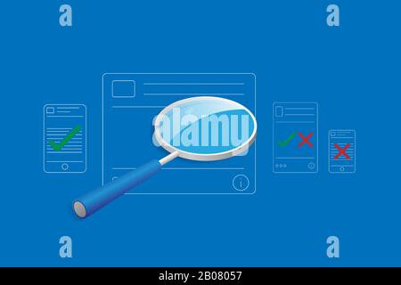Konzept über gefälschte Nachrichten in sozialen Medien, große Lupe in der Mitte ist die Überprüfung der Inhalte in den elektronischen Geräten, die grüne Häkchen enthalten Stock Vektor