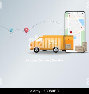 Express Delivery Service App und Online-Auftragsverfolgung auf Mobile-Konzept. Logistik von Lieferwagen und Handy mit Karte im Hintergrund. Stock Vektor