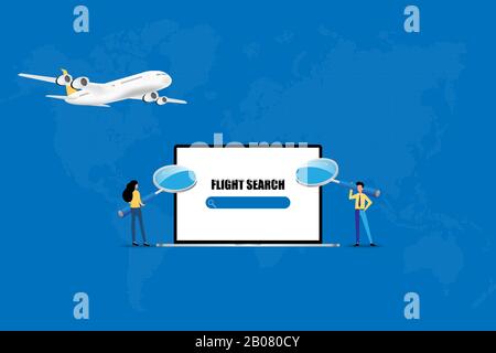 Geschäftskonzept der Online-Buchung, Unternehmer und Frau haben eine große Lupe, um sich auf den Bildschirm des Laptops zu konzentrieren, um nach einem Flug zu suchen. Stock Vektor