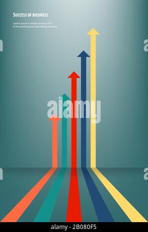 Konzept der Richtung des Geschäftsziels zum Erfolg. Farbige Pfeile zeigen nach oben im grünen Hintergrund. Stock Vektor
