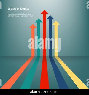 Konzept der Richtung des Geschäftsziels zum Erfolg. Farbige Pfeile zeigen nach oben im grünen Hintergrund. Stock Vektor