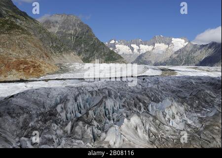 Grosser Aletschgletscher, das Herz des UNESCO Weltnaturerbes Jungfrau-Aletsch-Bietschhorn, Goms, Wallis, Schweiz, Europa Stockfoto