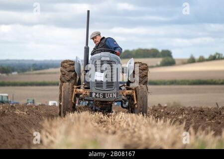 Grau-grau und Gold Vintage Tractor Farmer pflügt sein Feld in England auf grauem, grauem Traktor. Stockfoto