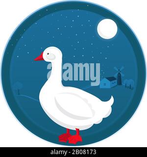 Gänsevektorillustration in der Nachtlandschaft des Bauernhofes Stock Vektor