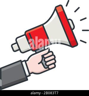 Hand des Geschäftsmannes, der am 15. März eine galvanisch isolierte Vektordarstellung für Speech Day hält. Politik, Marketiong und Werbungssymbol. Stock Vektor