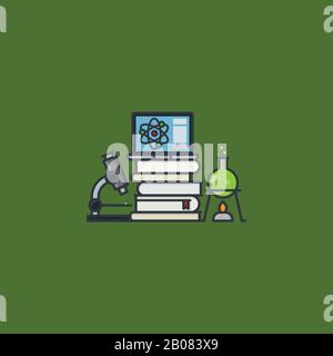 Wissenschaftliche Ausrüstung, Bücher und Computervektorillustration für Laptops für den Science Education Day am 14. März. Stock Vektor