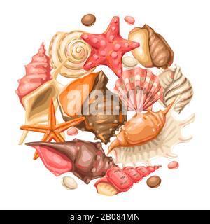 Hintergrund mit Muscheln. Tropische Weichtierschalen unter Wasser. Stock Vektor