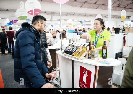 Straßburg, Frankreich - 16. Februar 2020: Frau spricht mit Besucherin auf der Vignerons Independent English: Unabhängige Winzer der französischen Weinmesse für Privat- und Horeca-Kunden Stockfoto