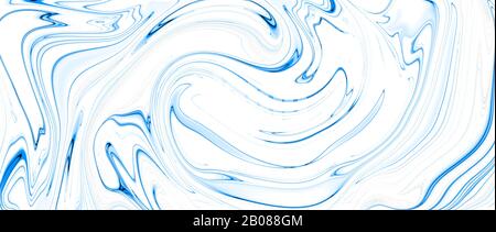 Blau und weiß, flüssige Ölfarbe. Abstrakter Hintergrund und Textur. Bildbanner. Extremer Widescreen. Stockfoto