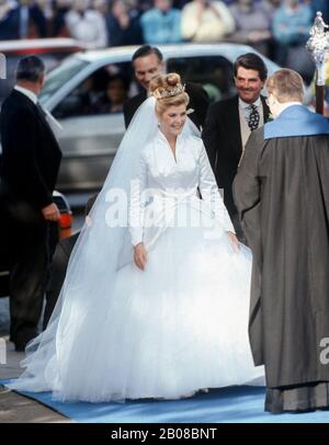 Serena Stanhope kommt für ihre Hochzeit zu Viscount Linley, Westminster, London, England 08.10.93 Stockfoto