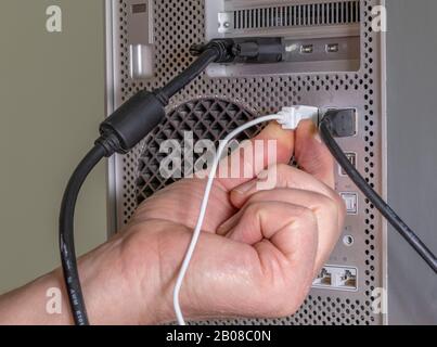 Nahaufnahme der Hand eines Mannes, die eine USB-Verbindung auf der Rückseite eines Desktop-Computers herstellen, normalerweise für eine Maus oder Tastatur. Stockfoto