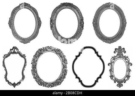 Set aus ovalem, Dekorativem, versilbertem Holzrahmen, isoliert auf weißem Hintergrund Stockfoto