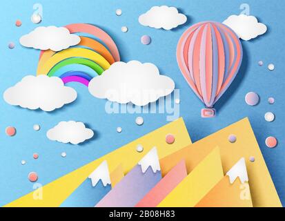 Ballon, der in den Himmel fliegt und ein Regenbogen Stock Vektor