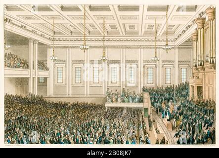 Sitzung der Gesellschaft für das Erlöschen des Slave-Handels und für die Zivilisation Afrikas, 1. Juni 1840, Exeter Hall - HRH Prince Albert, der Präsident, der von S.Blunt, James Harris, 1840 präsidiert wurde Stockfoto