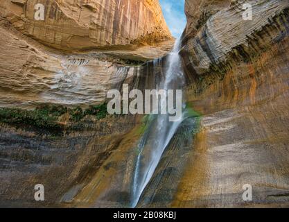 Ein sehr glatter Felsen, der vom Wasserfall in einer Schlucht aus moosig ist Stockfoto