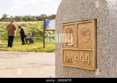 Castromonte, Spanien. Plakette des Camino de Santiago (Jakobsweg) im Kloster La Santa Espina (Heiliger Thorn) Stockfoto