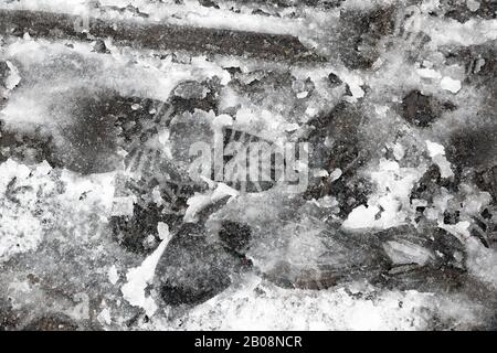 Fußabdrücke auf sluhigen Schnee in London Stockfoto