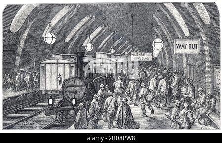 U-BAHN-STATION Baker STREET, London, im Jahr 1866. Arbeiter, die den dampfbetriebenen Zug am frühen Morgen verlassen. Stockfoto