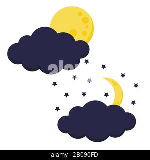 Niedlicher Nachtmond mit Wolkensymbol setzt Vollmond und Halbmond mit Sternen. Stock Vektor