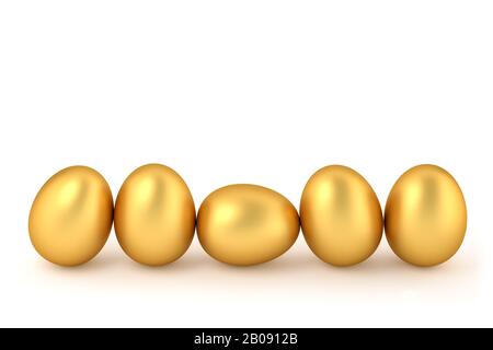 3D-Rendering - Happy easter: Fünf goldene ostereier in einer Reihe isoliert auf Weiß. Platz für die osternachricht kopieren. Stockfoto