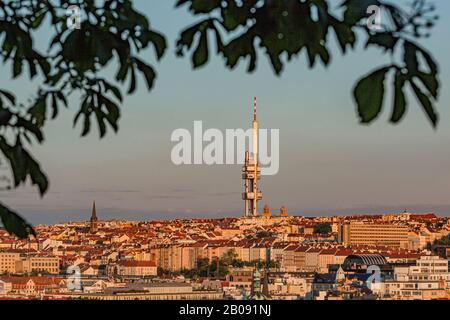 Prag/Tschechien - 23. Mai 2019: Schöner Blick auf das Stadtbild mit dem Zizkov Fernsehturm an einem sonnigen Frühlingsabend. Blauer und rosafarbener Abend. Stockfoto
